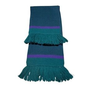 Anne Klein Teal Blue Micro Houndstooth Knit Scarf 62” Fringe Classic Preppy Wool